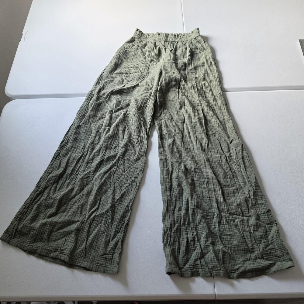 Aerie Pants Womens Small Green Gauze Wide Leg Elastic Waist Check Cotton Lounge